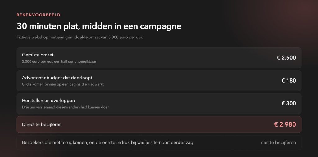 Rekenvoorbeeld van de kosten van 30 minuten website downtime tijdens een campagne