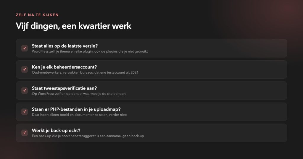 Checklist met vijf dingen die je zelf kunt nakijken om WordPress te beveiligen
